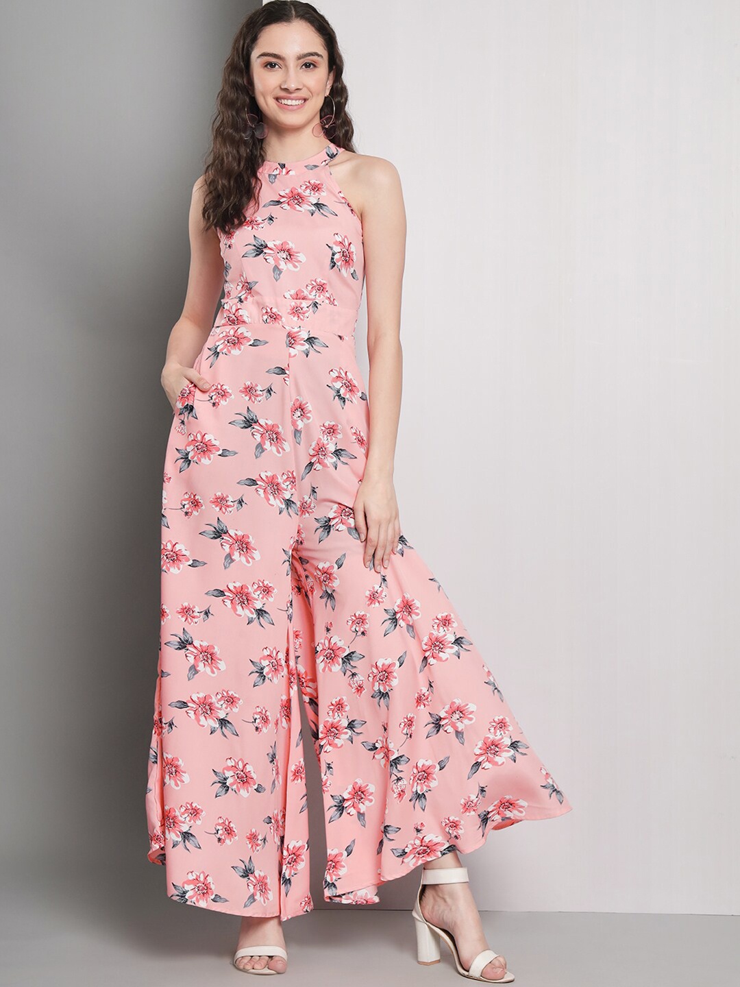 

emeros Floral Printed Halter Neck Sleeveless Basic Jumpsuit, Pink