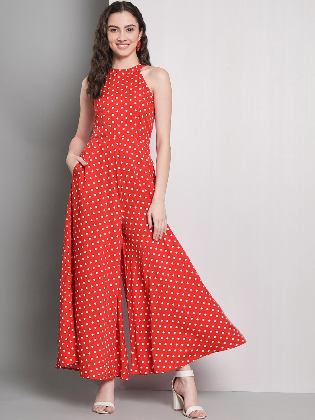 

emeros Printed Halter Neck Tie-up Back Flared Basic Jumpsuit, Red