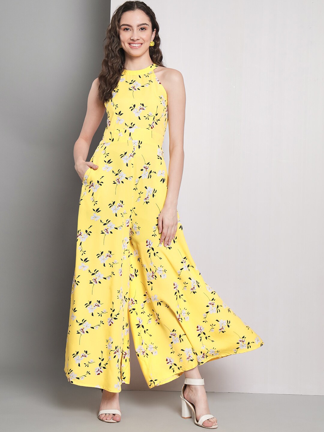 

emeros Floral Printed Halter Neck Sleeveless Basic Jumpsuit, Yellow