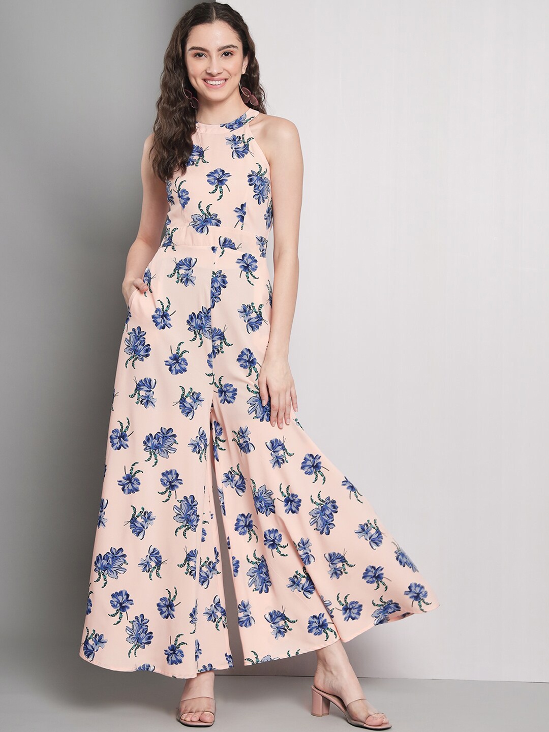 

emeros Floral Printed Halter Neck Sleeveless Basic Jumpsuit, Peach
