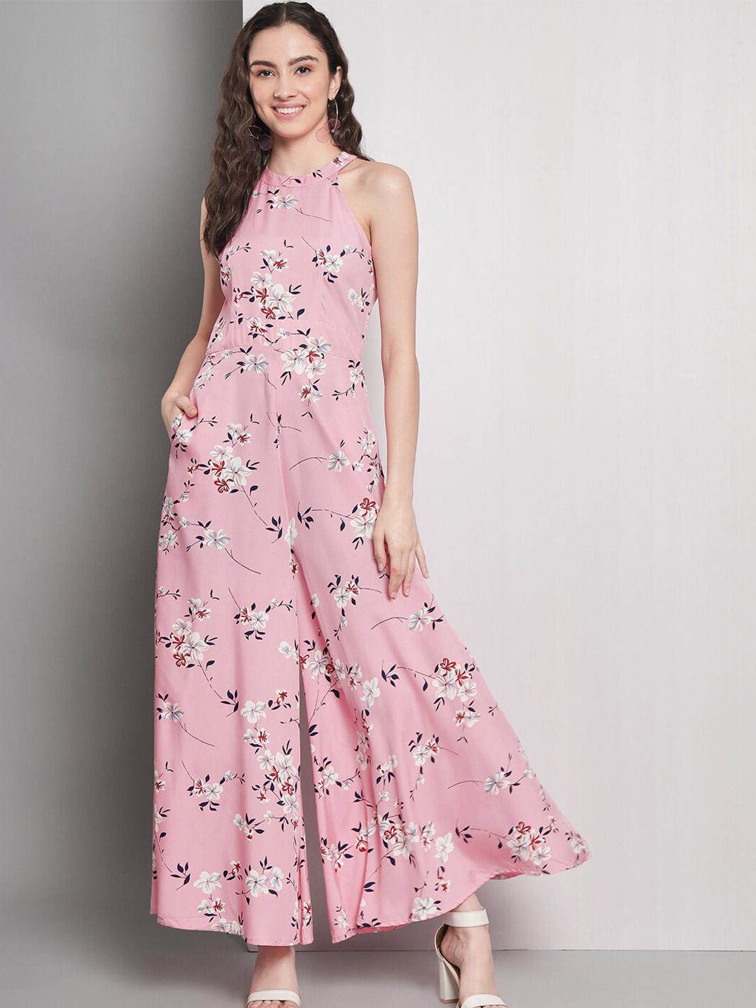

emeros Floral Printed Halter Neck Sleeveless Basic Jumpsuit, Pink