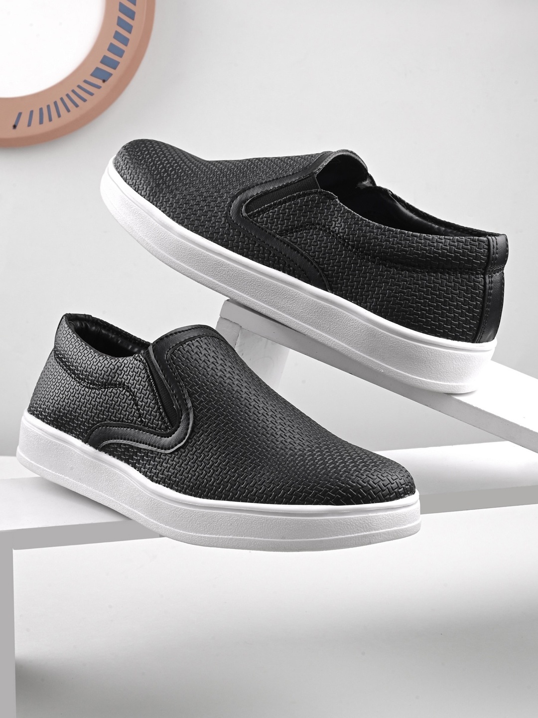 

Mast & Harbour Men Black And White Textured Slip-On Sneakers