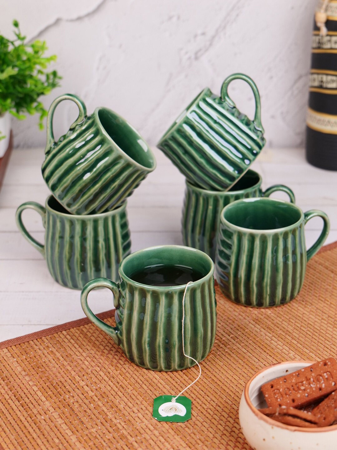 

VarEesha Green 6 Pieces Textured Ceramic Matte Coffee Mugs 170 ml Each