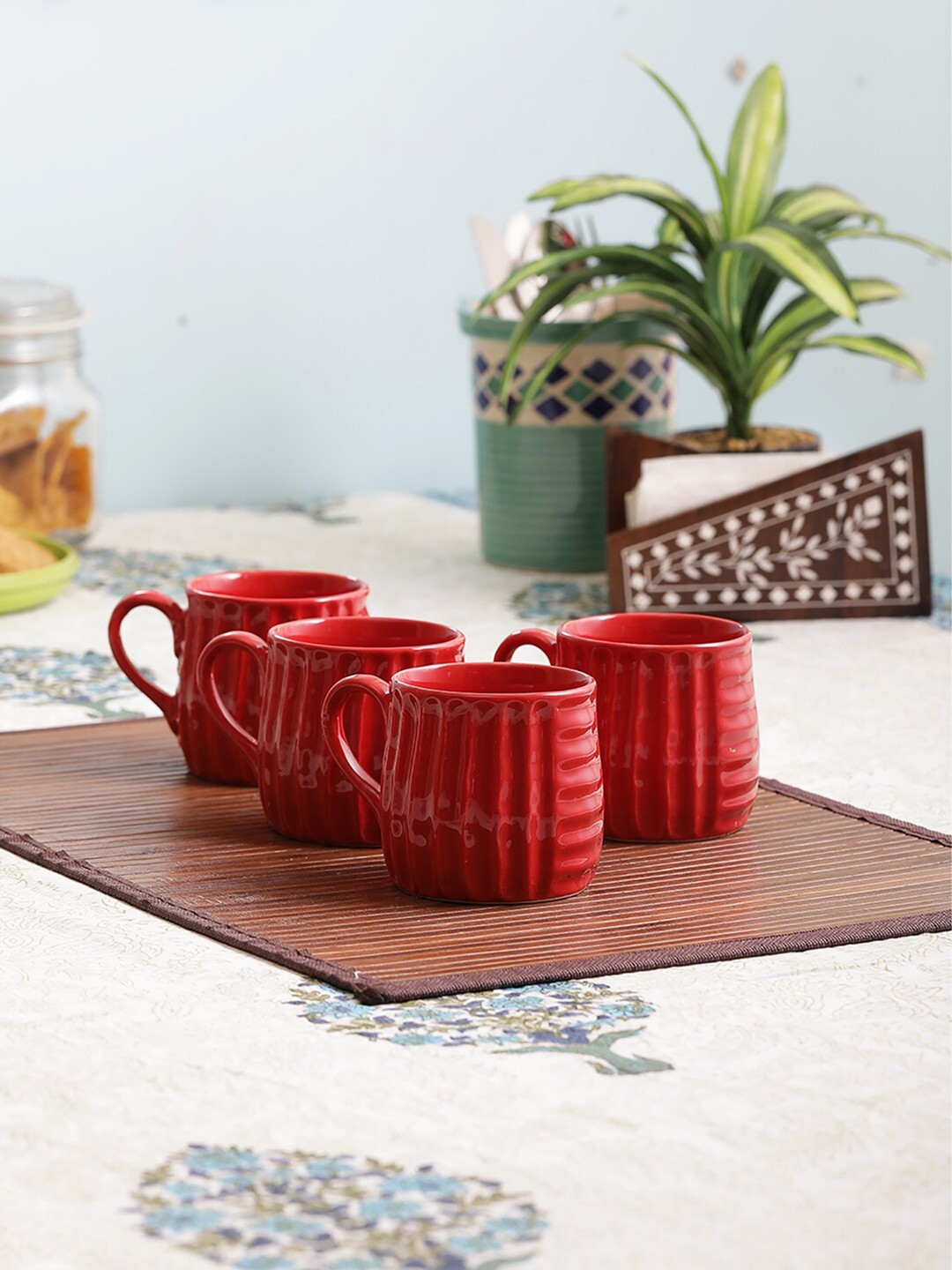 

VarEesha Red 4 Pieces Textured Ceramic Glossy Coffee Mugs 175 ml Each