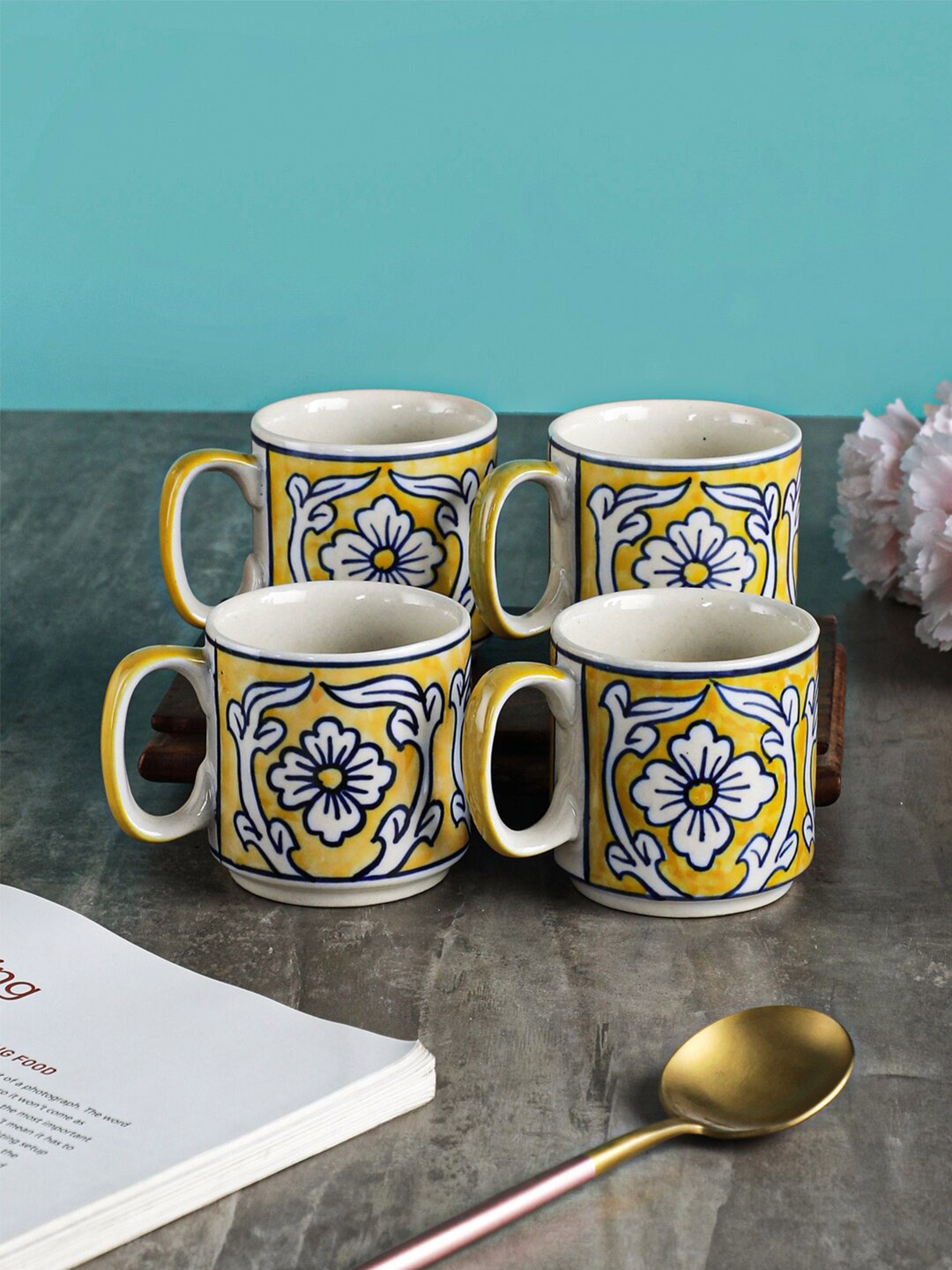 

VarEesha Yellow & White 4 Pieces Printed Ceramic Matte Coffee Mugs 200 ml Each