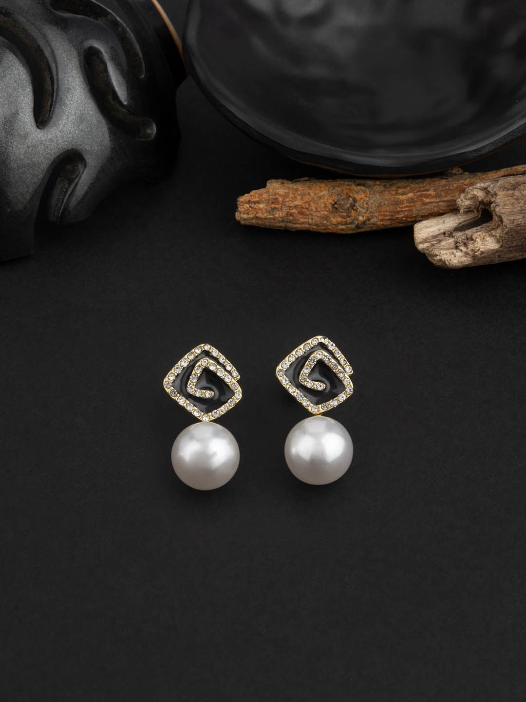 

E2O Gold-Plated Contemporary Drop Earrings, Black