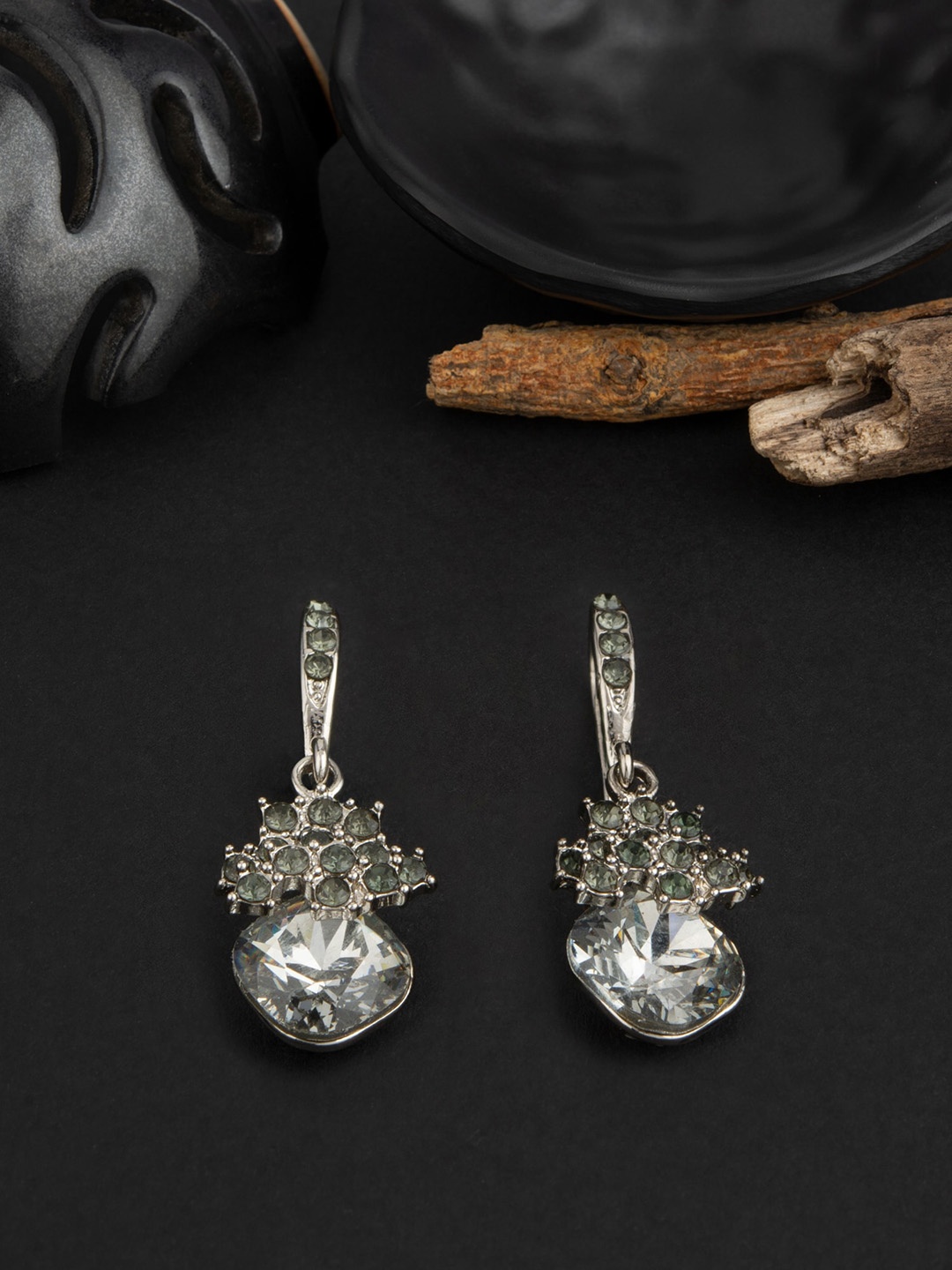 

E2O Silver Plated Contemporary Stone Studded Drop Earrings