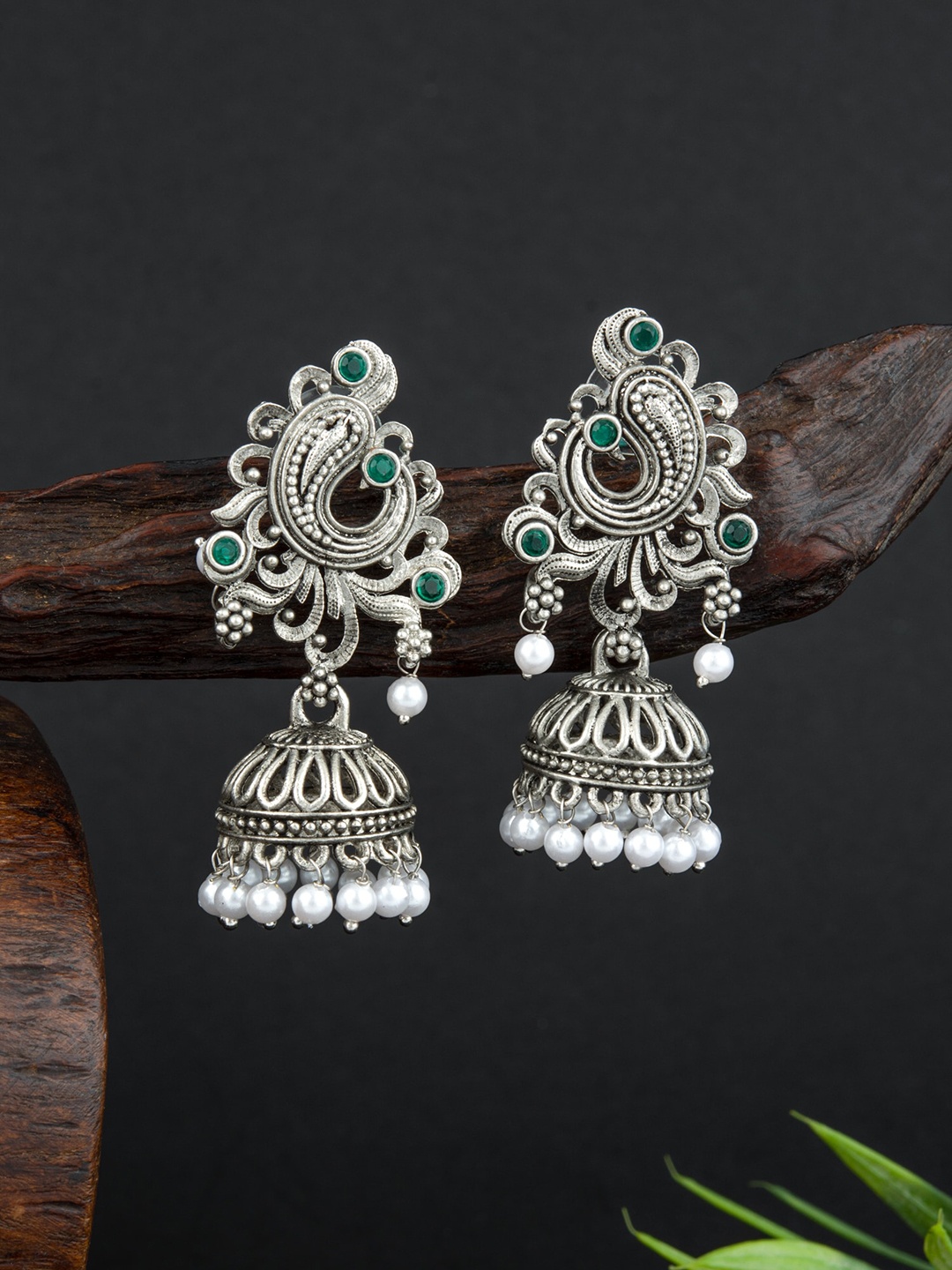 

E2O Brass-Plated Contemporary Meenakari Jhumkas Earrings, Silver