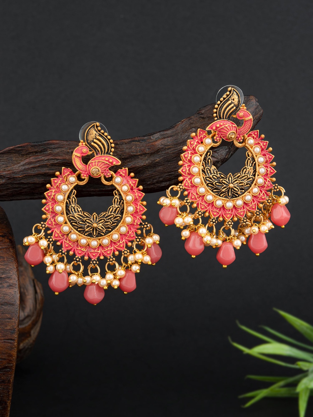 

E2O Gold Plated Contemporary Stone Studded Meenakari Chandbalis Earrings