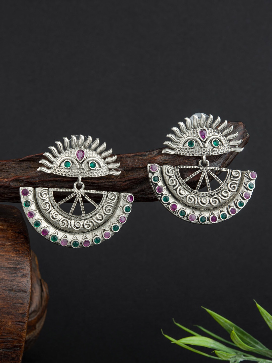 

E2O Silver-Plated Oxidized Meenakari Contemporary Drop Earrings