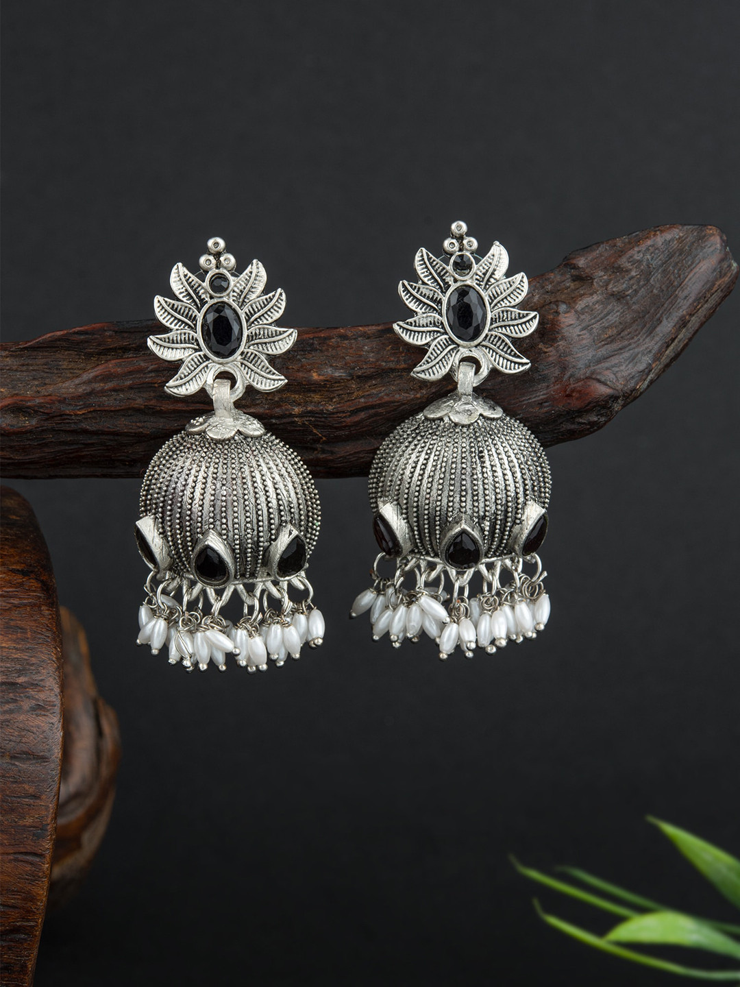 

E2O Silver-Plated Contemporary Stone Studded Jhumkas Earrings