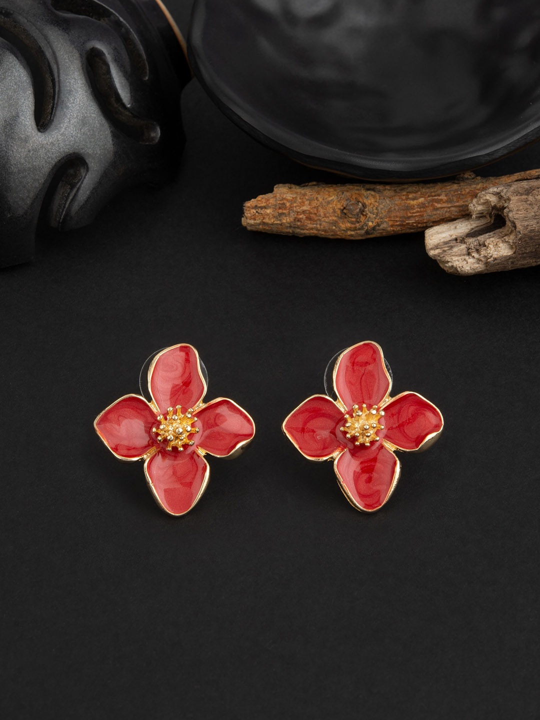 

E2O Gold-Plated Contemporary Studs Earrings, Red