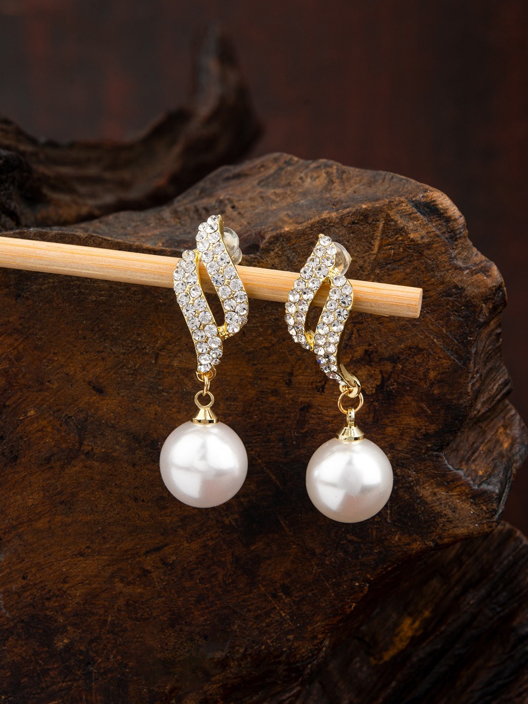 

E2O Gold-Plated Contemporary Stone Studded Drop Earrings