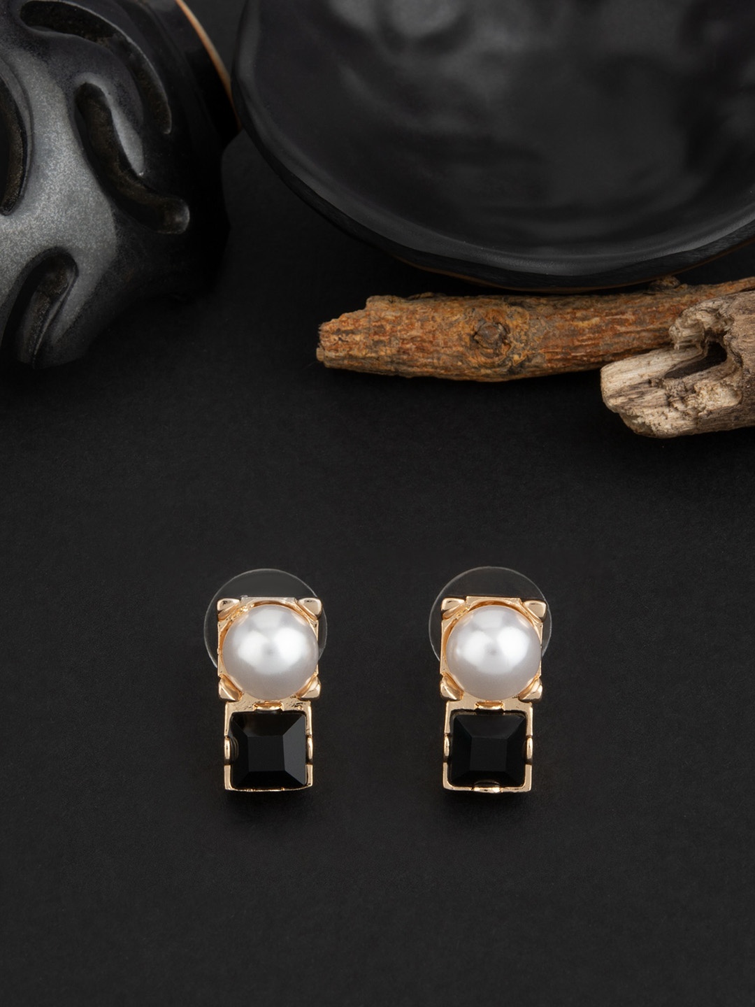 

E2O Gold-Plated Contemporary Studs Earrings, Black