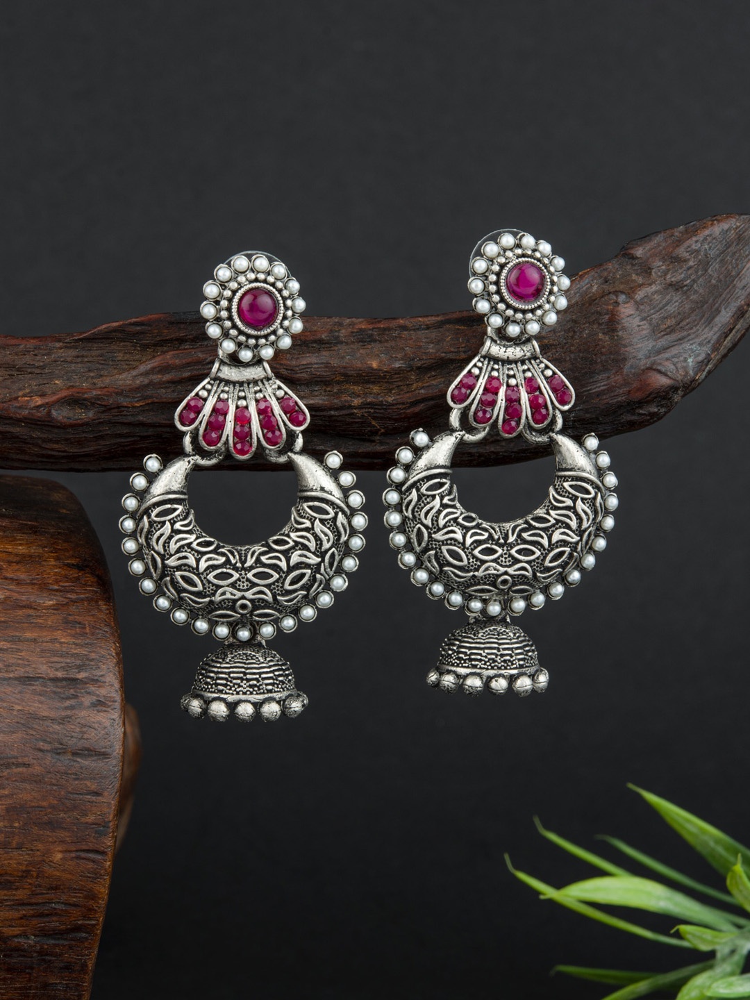 

E2O Silver-Plated Contemporary Oxidized Meenakari Stone Studded Chandbalis Earrings