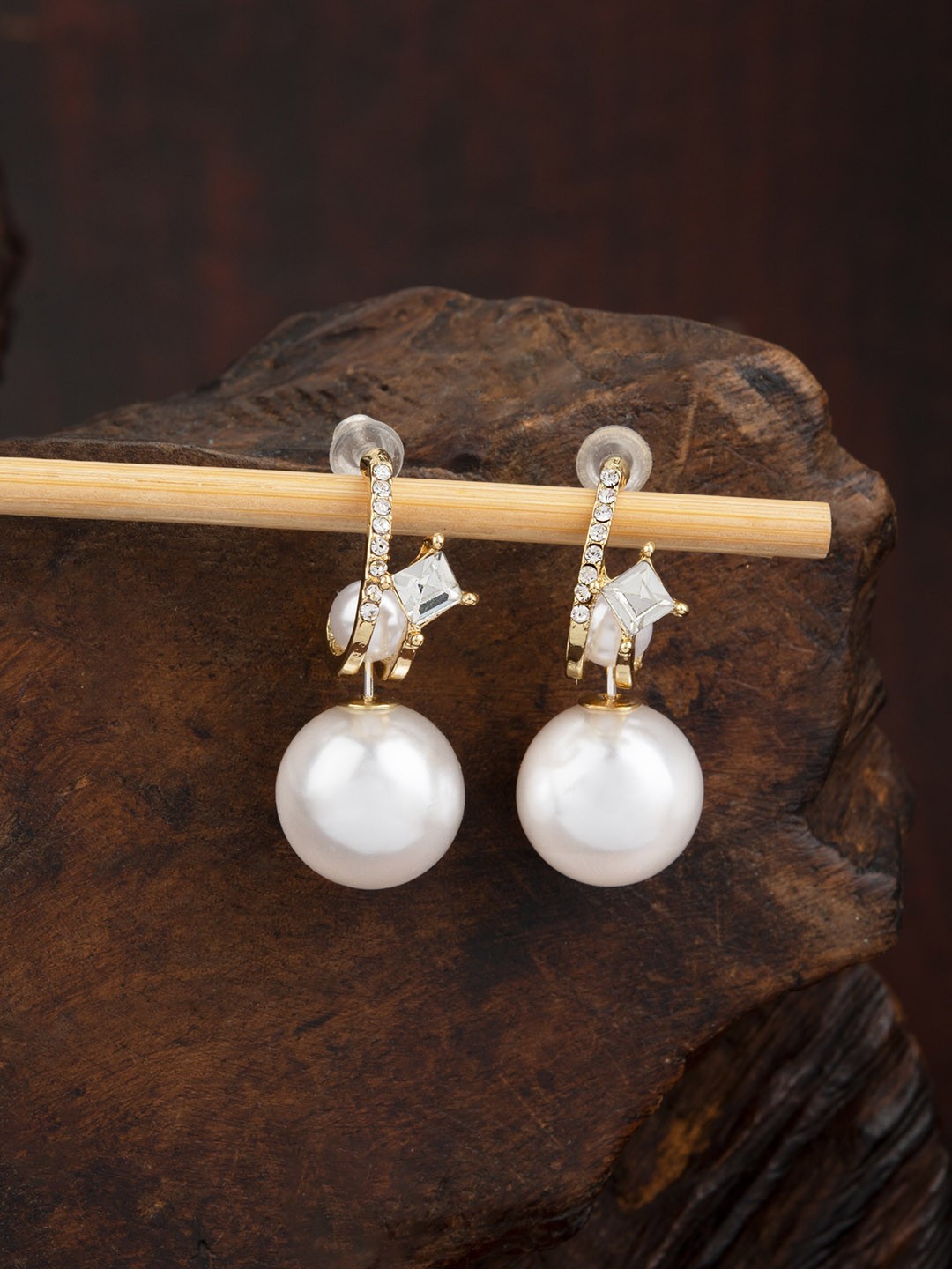

E2O Gold-Plated Stone Studded Contemporary Drop Earrings