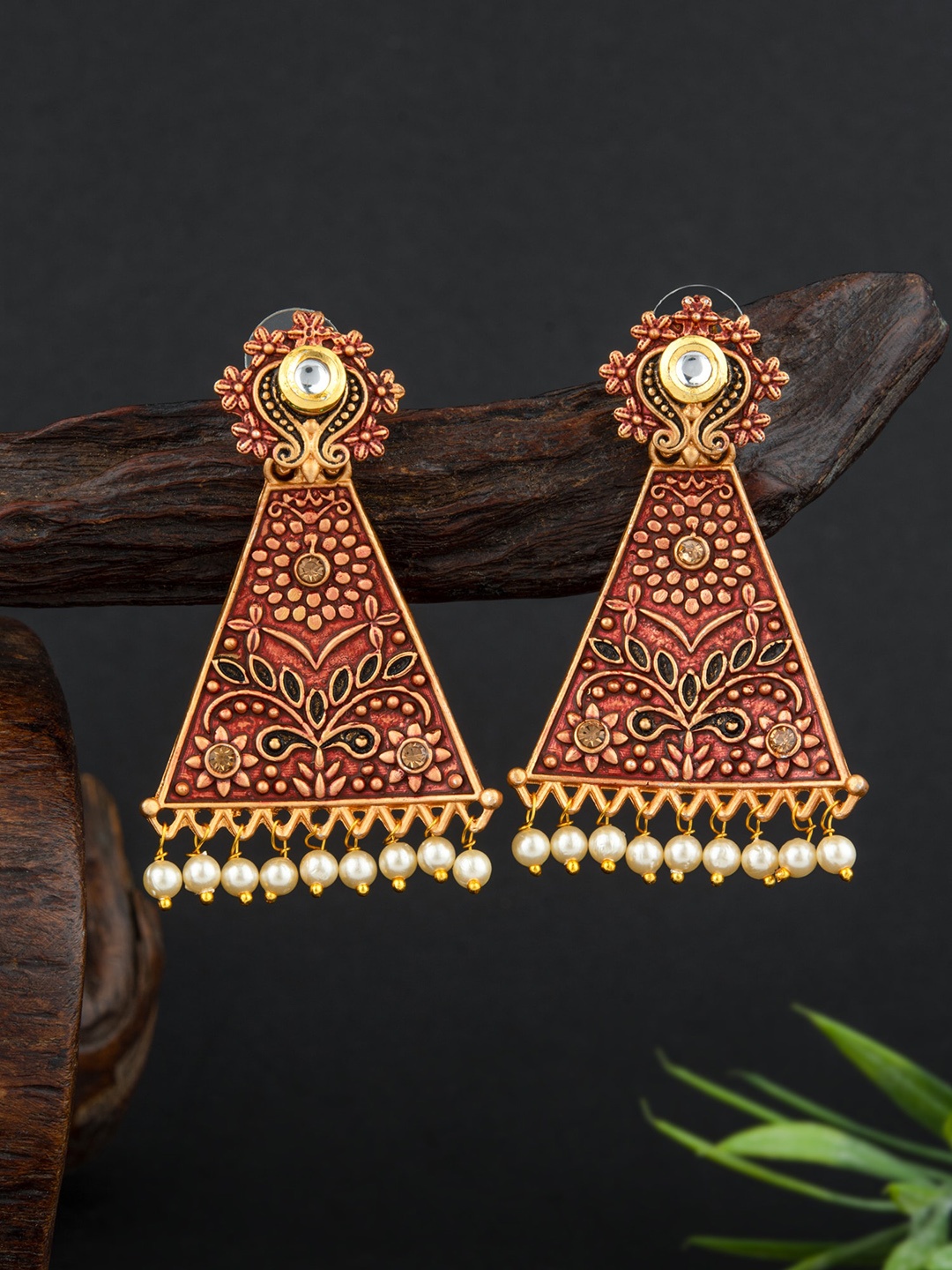 

E2O Gold Plated Oxidized Meenakari Contemporary Drop Earrings