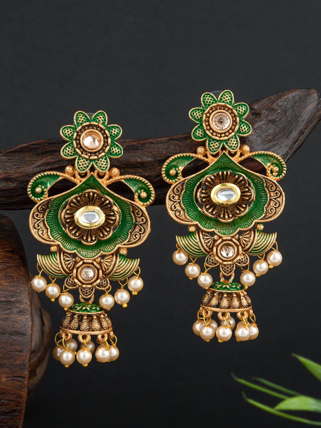 

E2O Gold-Plated Contemporary Chandbalis Earrings, Green