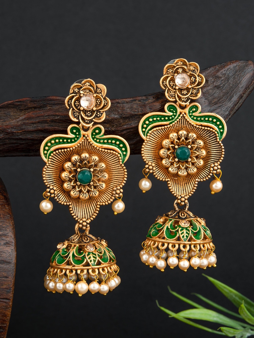 

E2O Gold-Plated Contemporary Jhumkas Earrings, Green