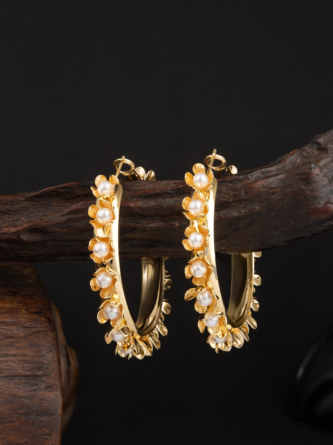 

E2O Gold-Plated Stone Studded Contemporary Hoop Earrings