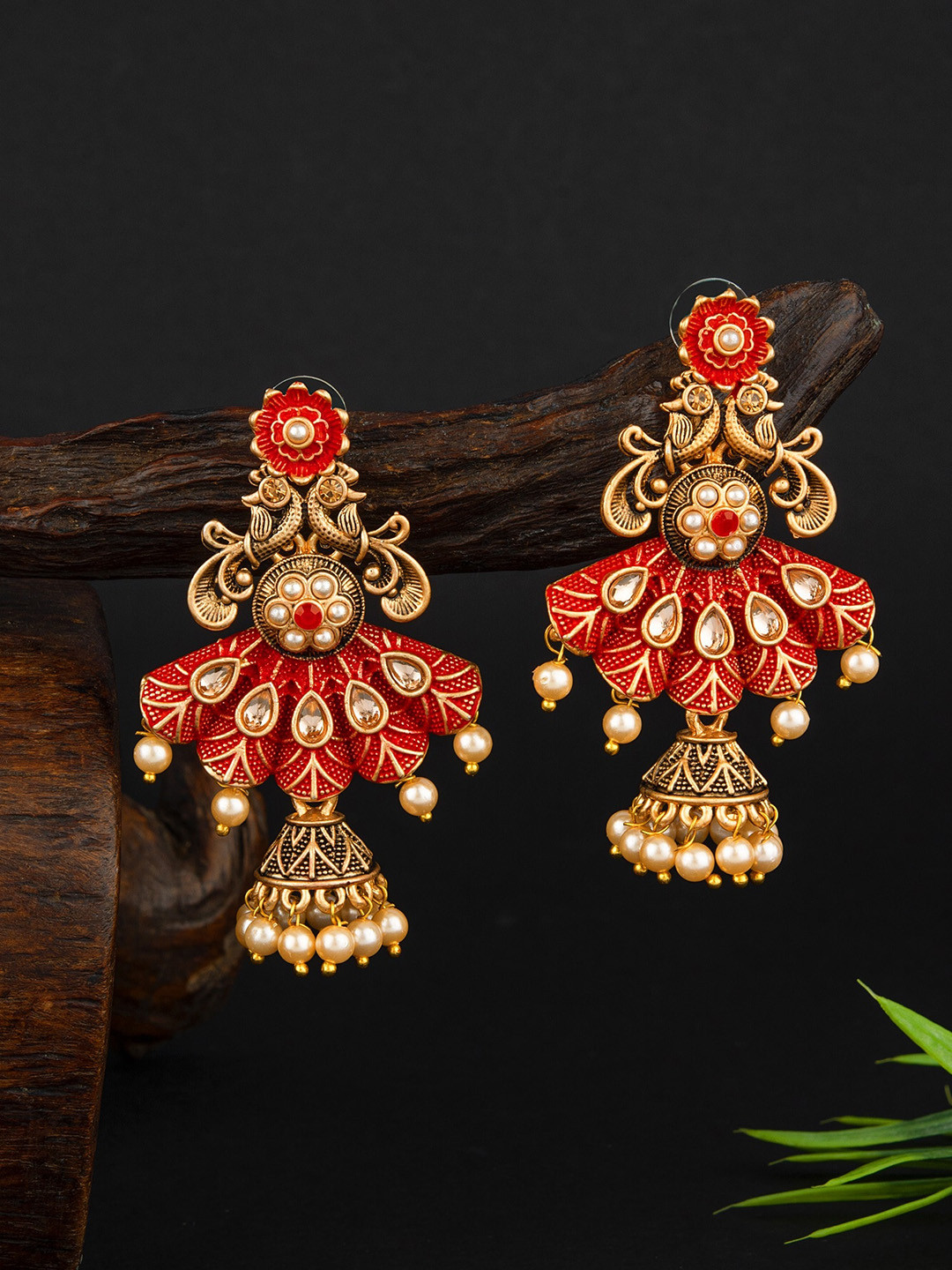 

E2O Gold-Plated Contemporary Jhumkas Earrings, Red