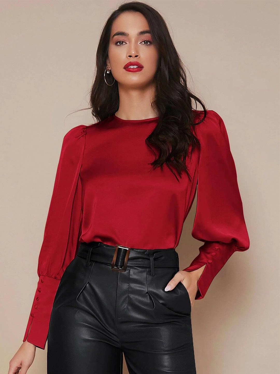 

Kotty Red Puff Sleeves Satin Top