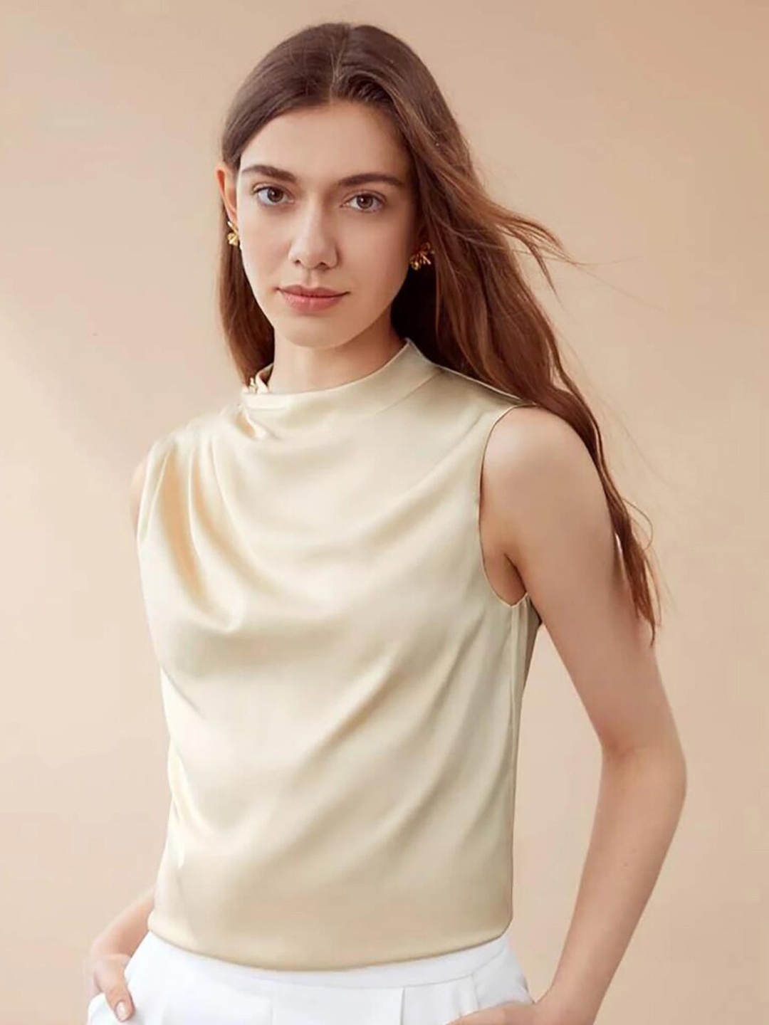 

Kotty Beige High Neck Sleeveless Pleated Detail Satin Top