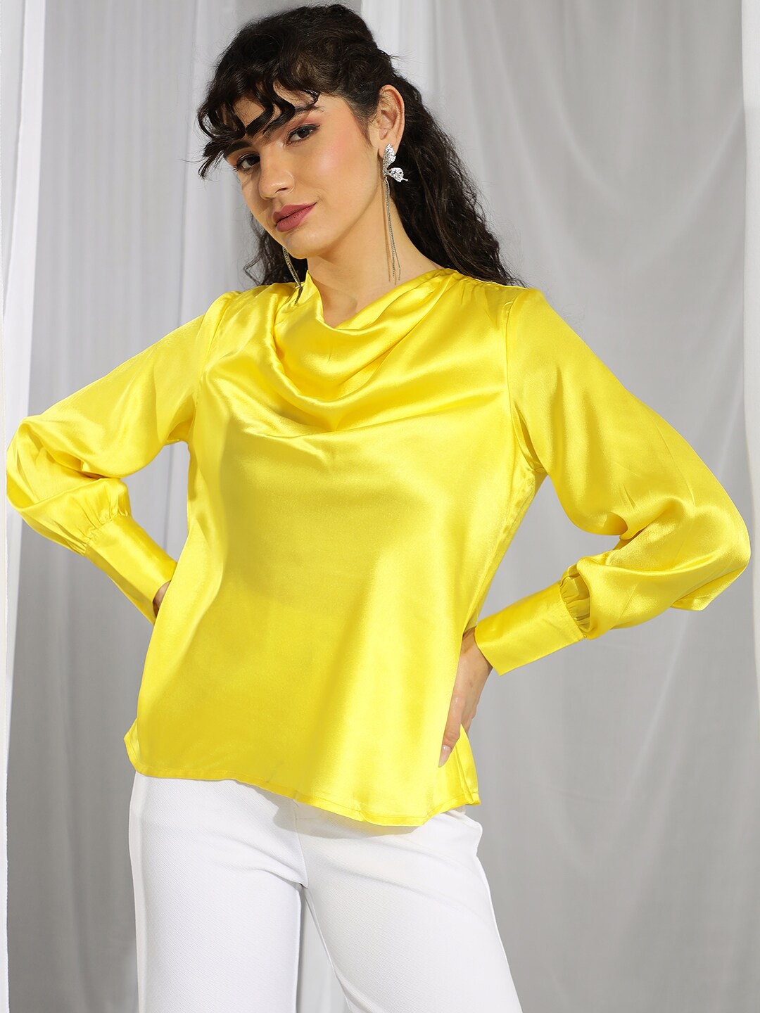 

Kotty Yellow Cowl Neck Cuffed Sleeves Satin Top