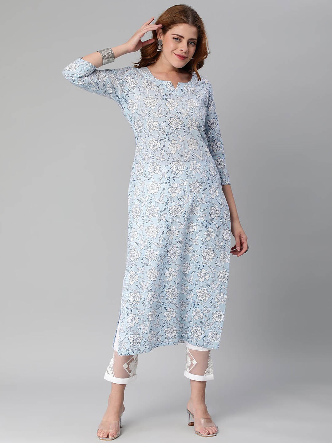 

KALINI Floral Printed Notched Neck Kurta with Trousers, Blue