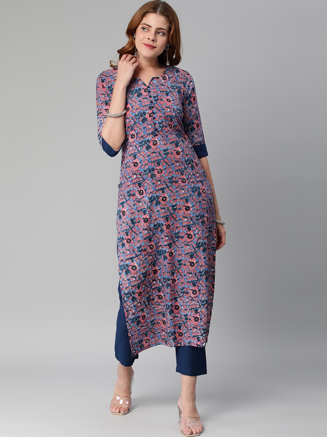 

KALINI Floral Printed Notched Neck Kurta with Trousers, Blue
