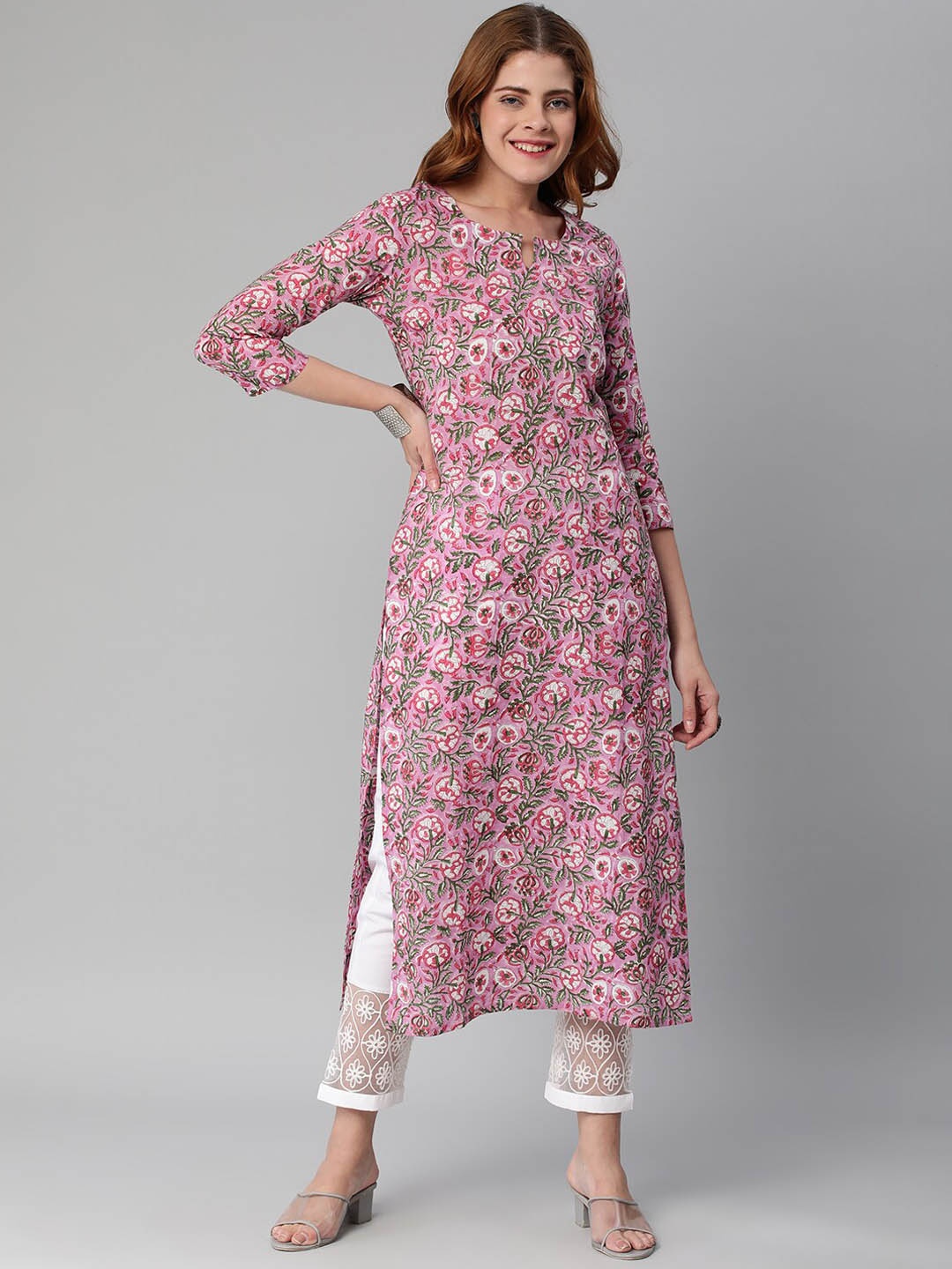 

KALINI Floral Printed Notched Neck Kurta with Trousers, Pink
