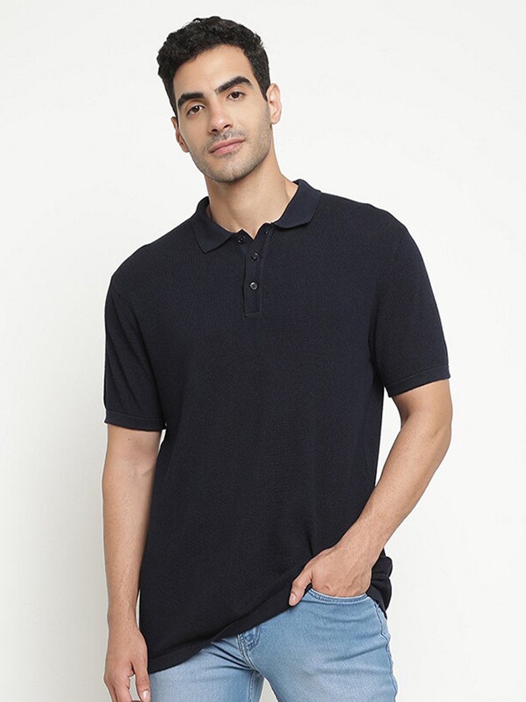 

METTLE Polo Collar Cotton T-shirt, Navy blue