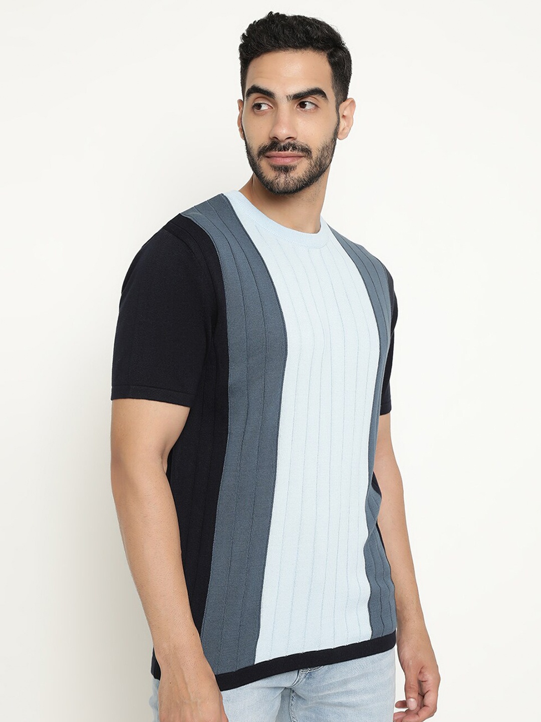 

METTLE Colourblock Striped Round Neck Cotton T-shirt, Blue