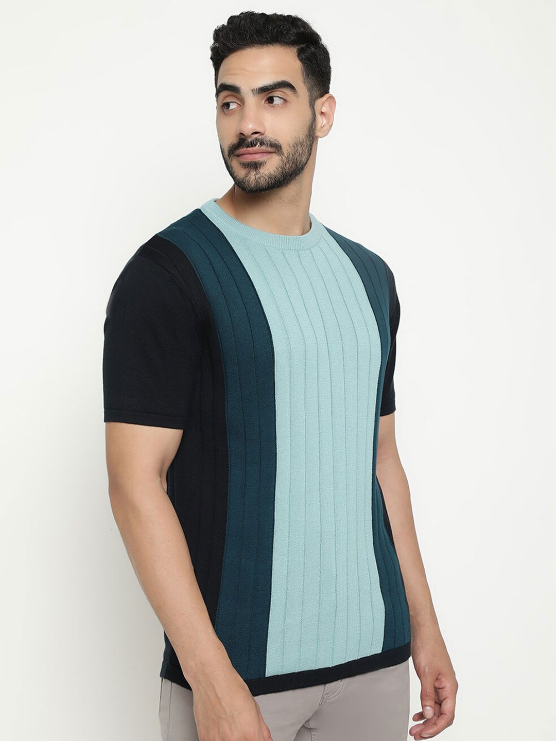 

METTLE Colourblock Striped Round Neck Cotton T-shirt, Teal