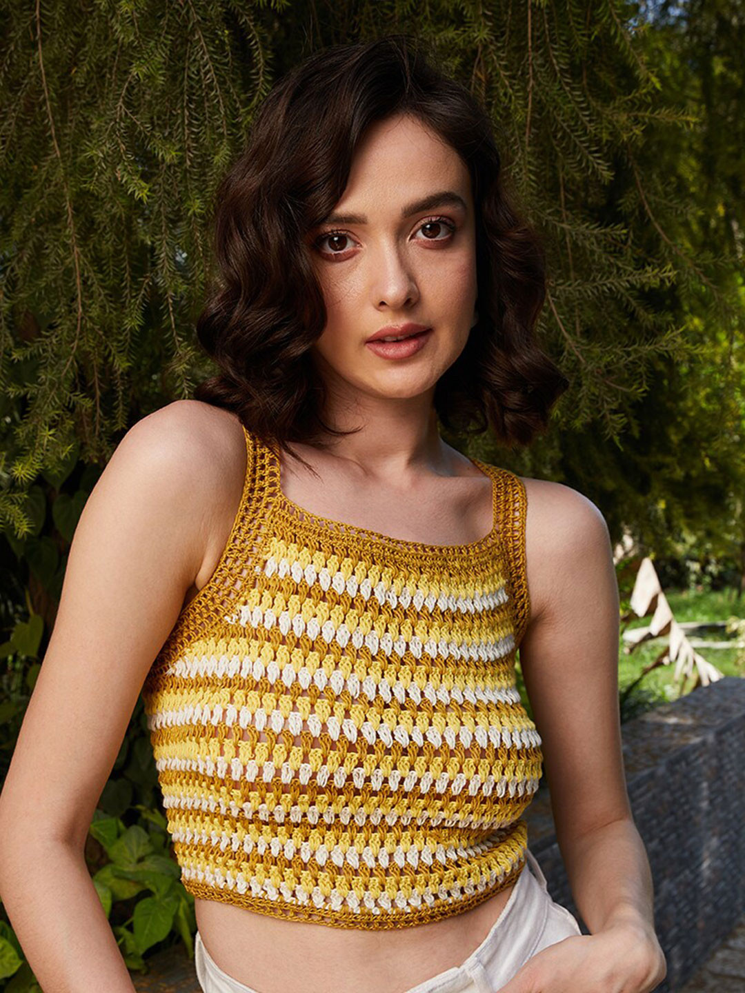 

Athena Yellow Self Design Square Neck Crochet Cotton Crop Styled Back Top, Mustard