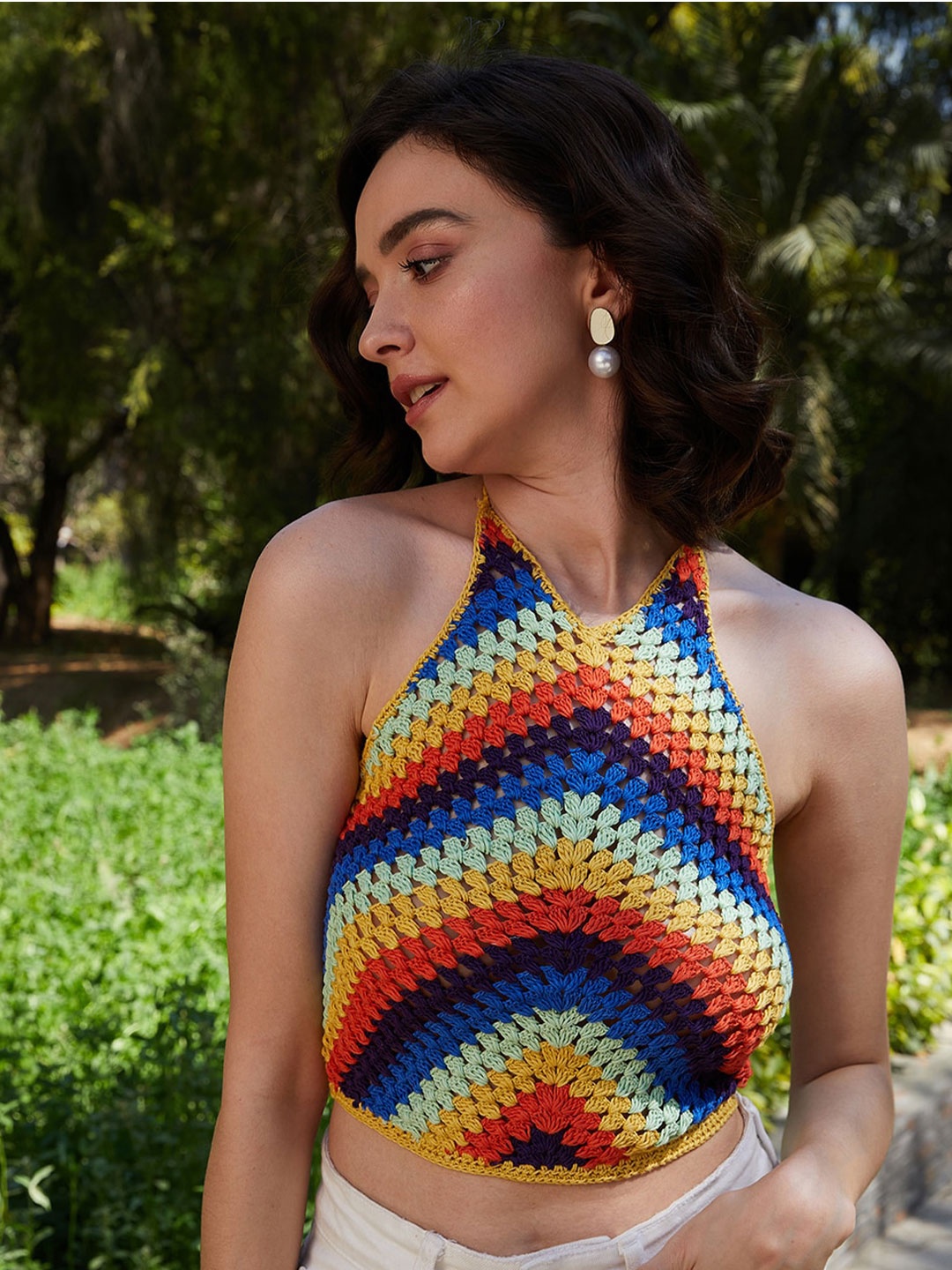 

Athena Blue & Yellow Self Design Halter Neck Cotton Crochet Bralette Crop Top