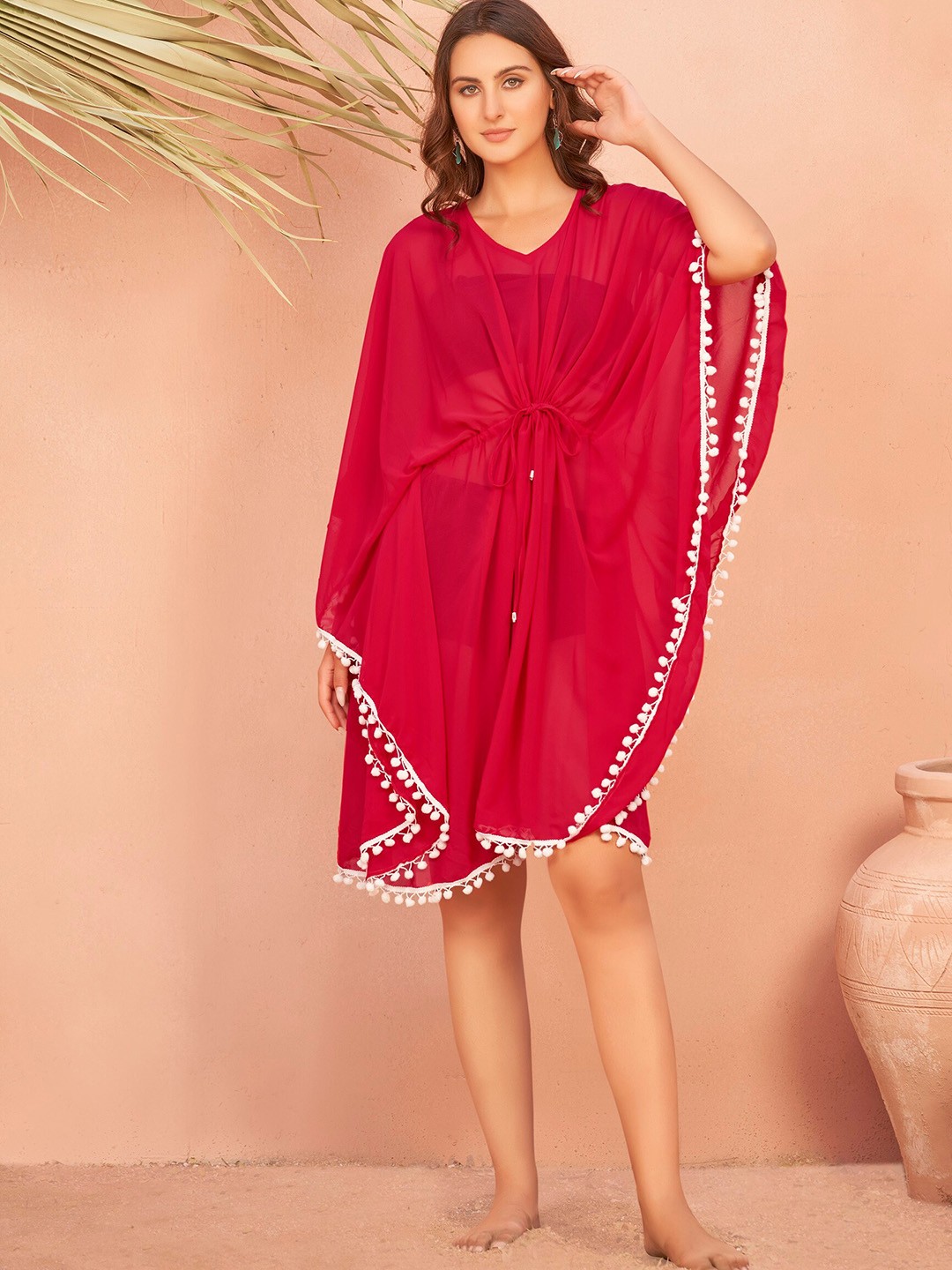 

Bannos Swagger Pink Sheer Georgette Kaftan Swimwear Cover-Up Dress