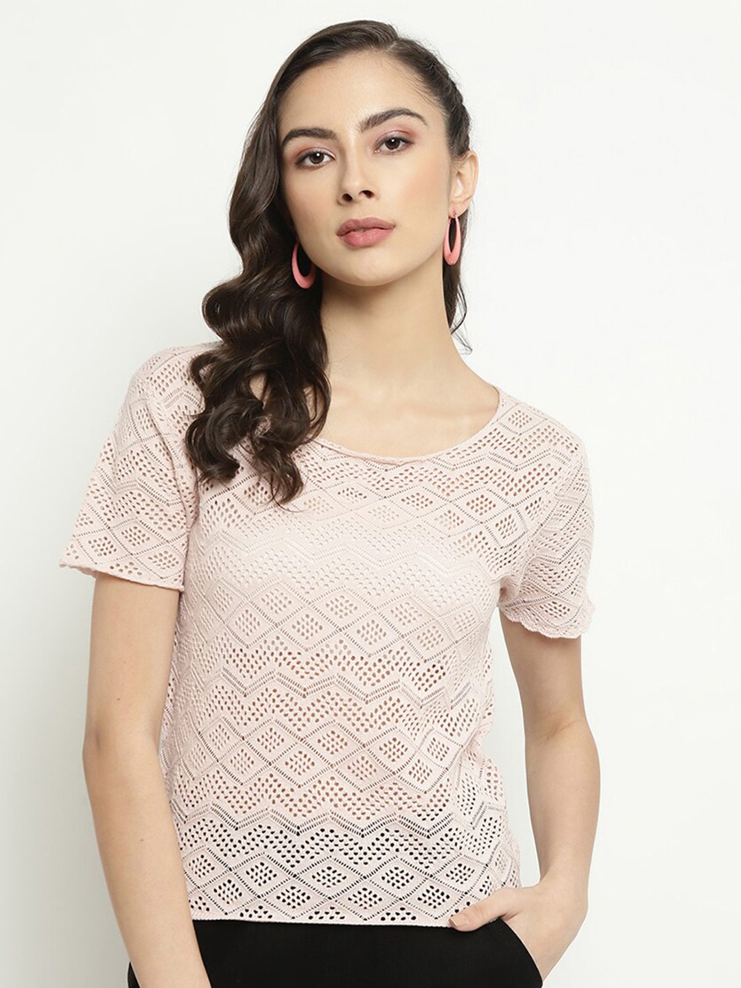 

METTLE Self Design Boat Neck Semi Sheer Cotton Top, Pink