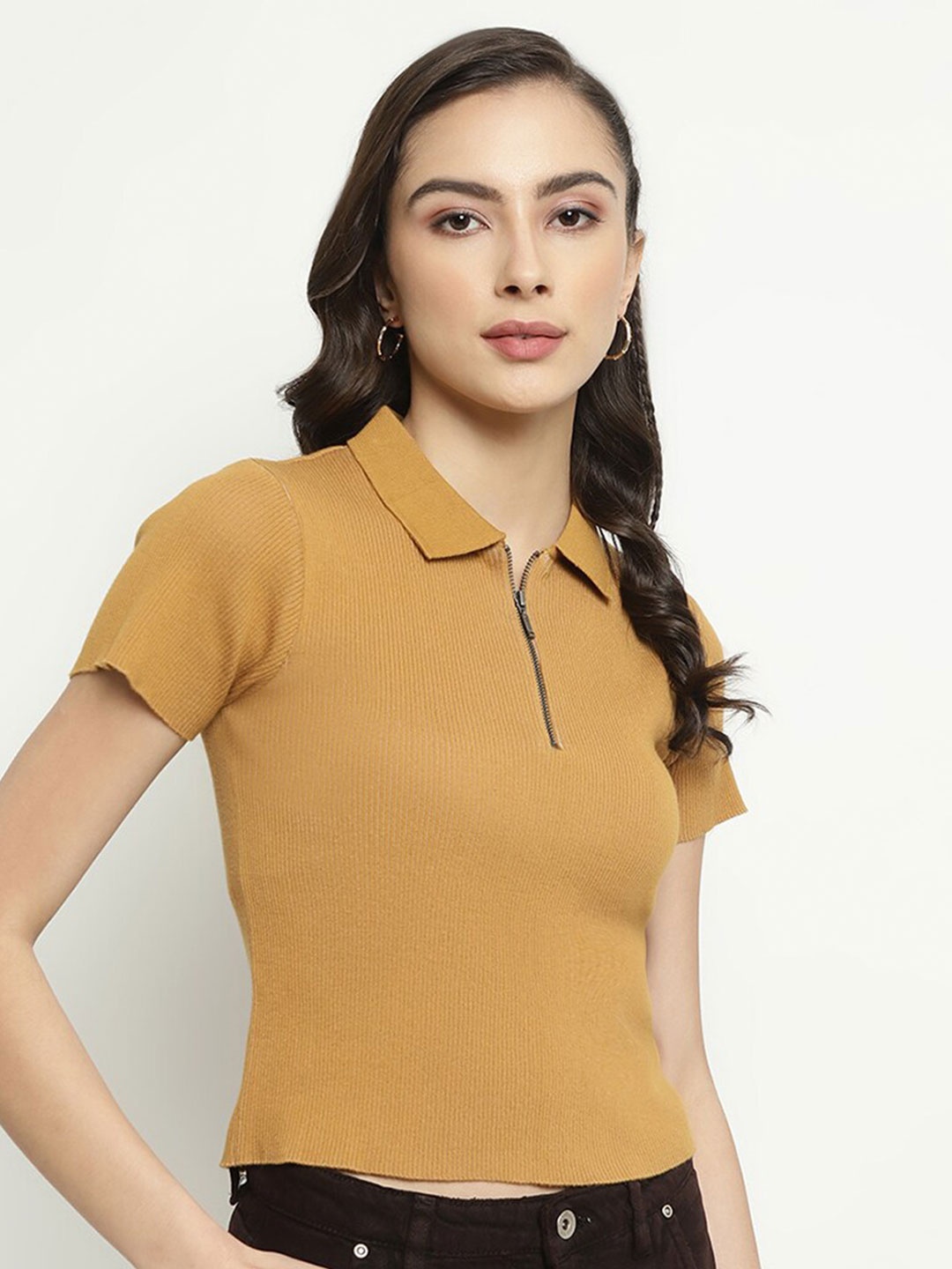 

METTLE Polo Collar Knitted Crop Cotton T-shirt, Mustard