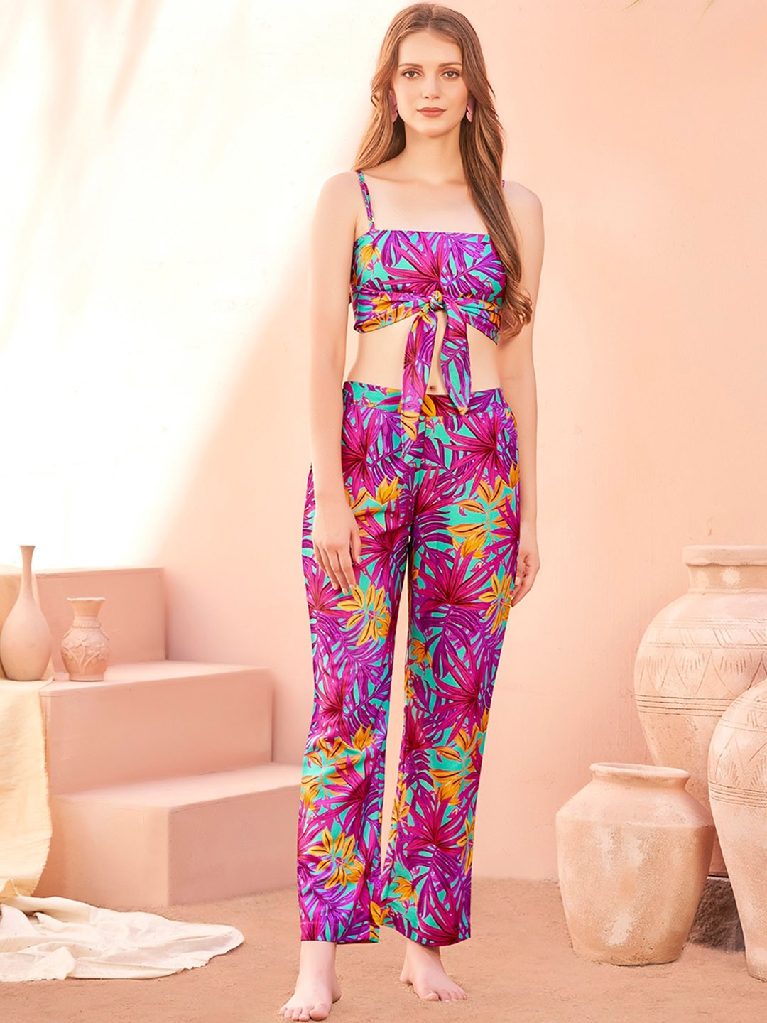 

Bannos Swagger Purple Printed Top With Trousers Beach Swimwear Set