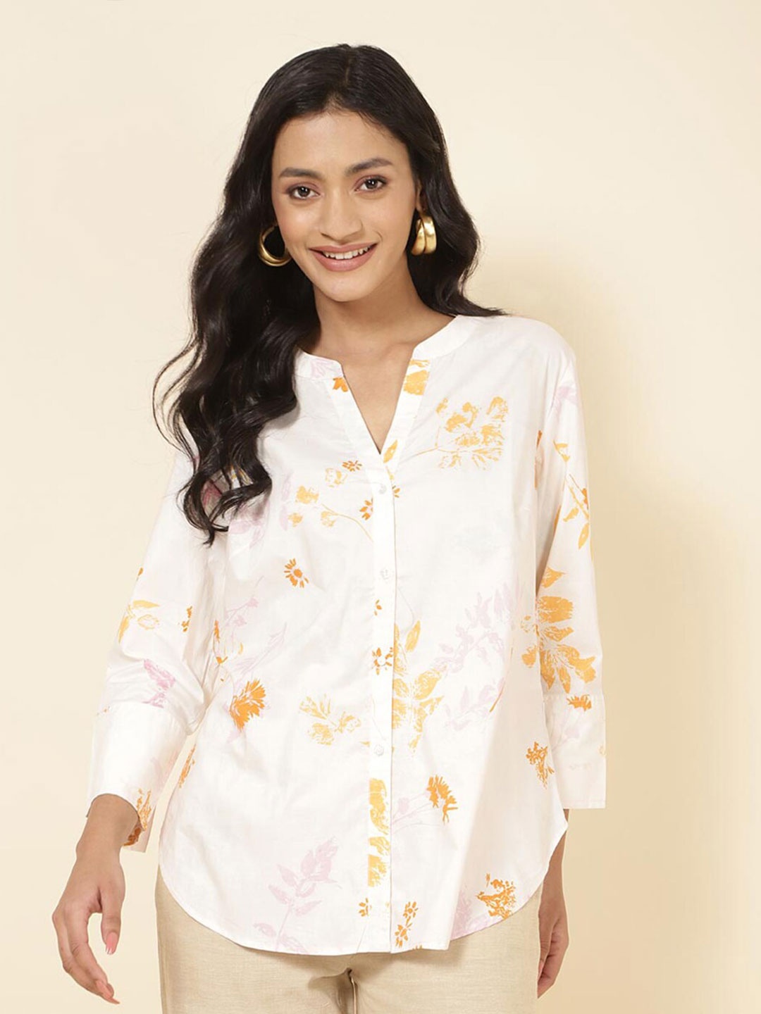 

Fabindia Floral Printed Band Collar Long Sleeves Classic Cotton Casual Shirt, White