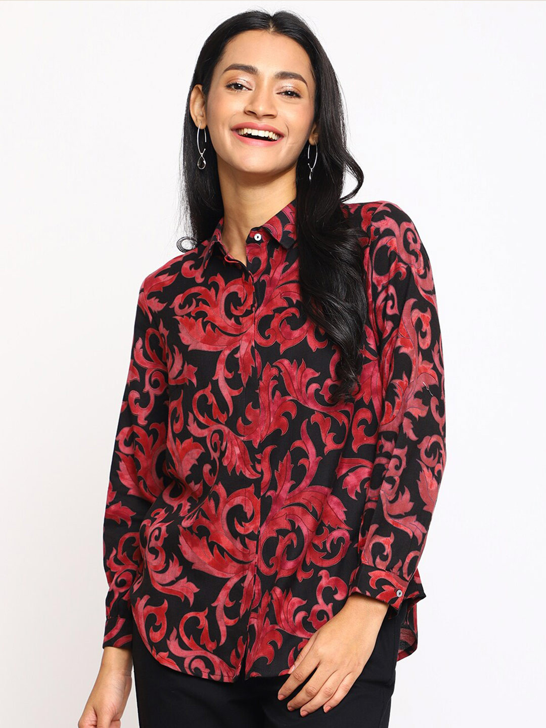 

Fabindia Floral Printed Spread Collar Long Sleeves Classic Cotton Casual Shirt, Black
