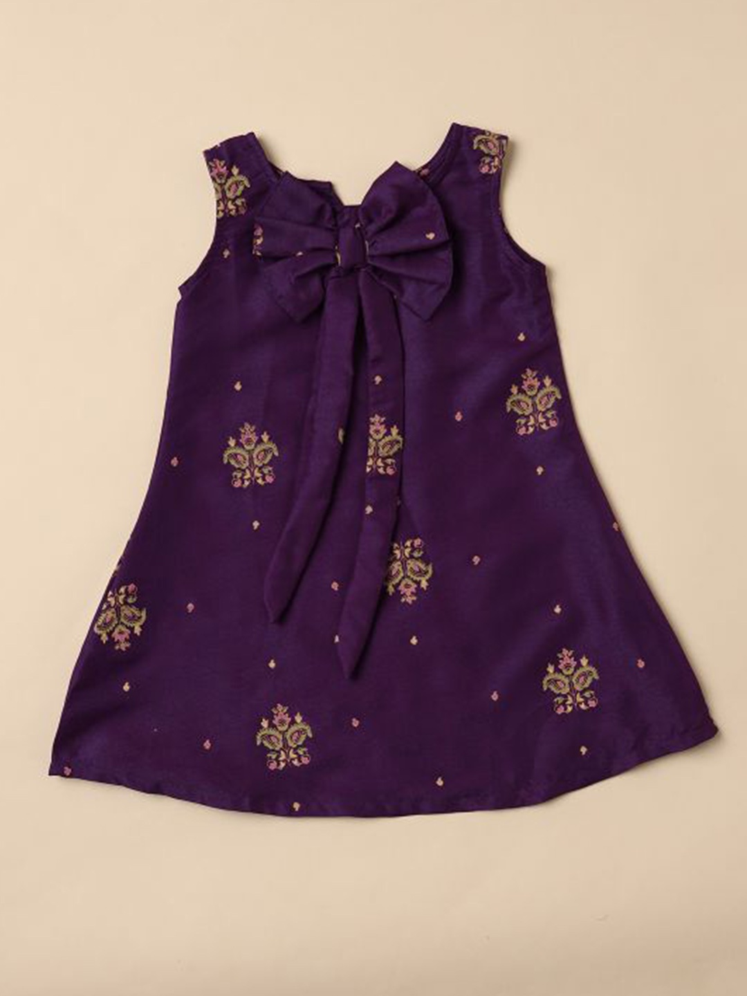 

Saaki Girls Ethnic Motifs Printed Bow Detail A-Line Dress, Purple