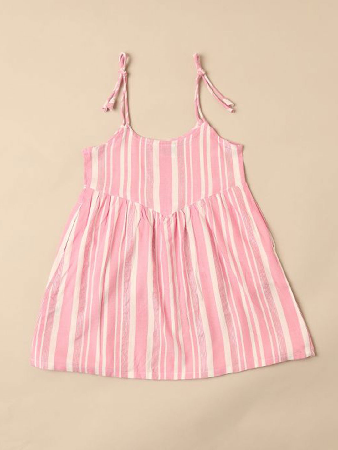

Saaki Girls Striped Shoulder Straps Cotton A-Line Dress, Pink