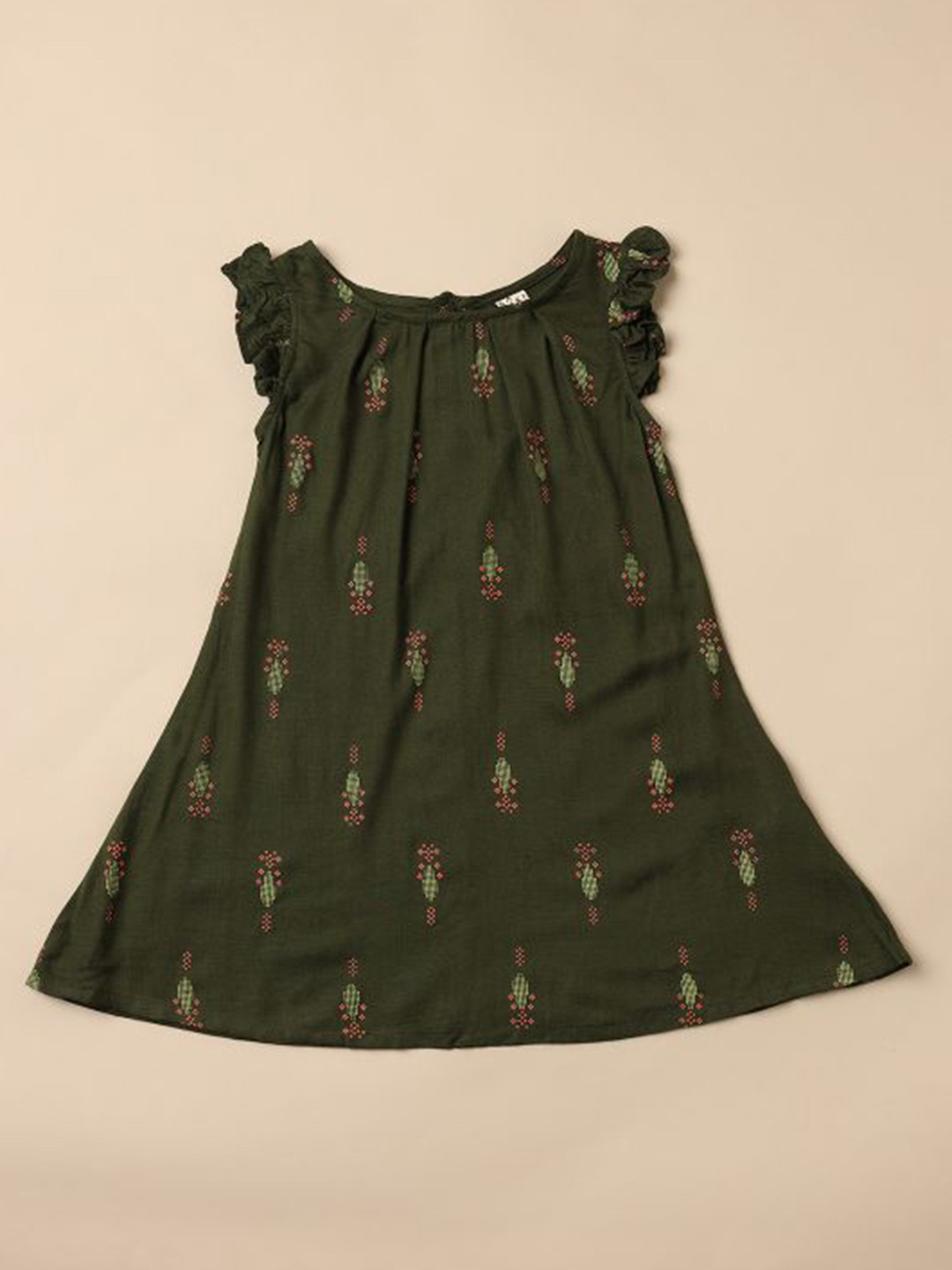 

Saaki Girls Printed Flutter Sleeve Ruffled A-Line Dress, Green