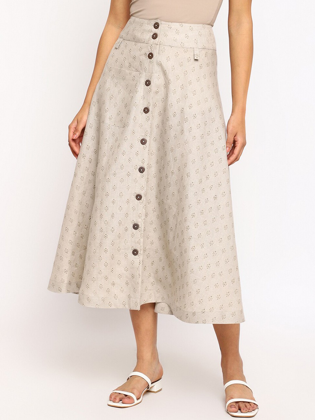 

Fabindia Printed Linen Flared Midi Skirt, Beige