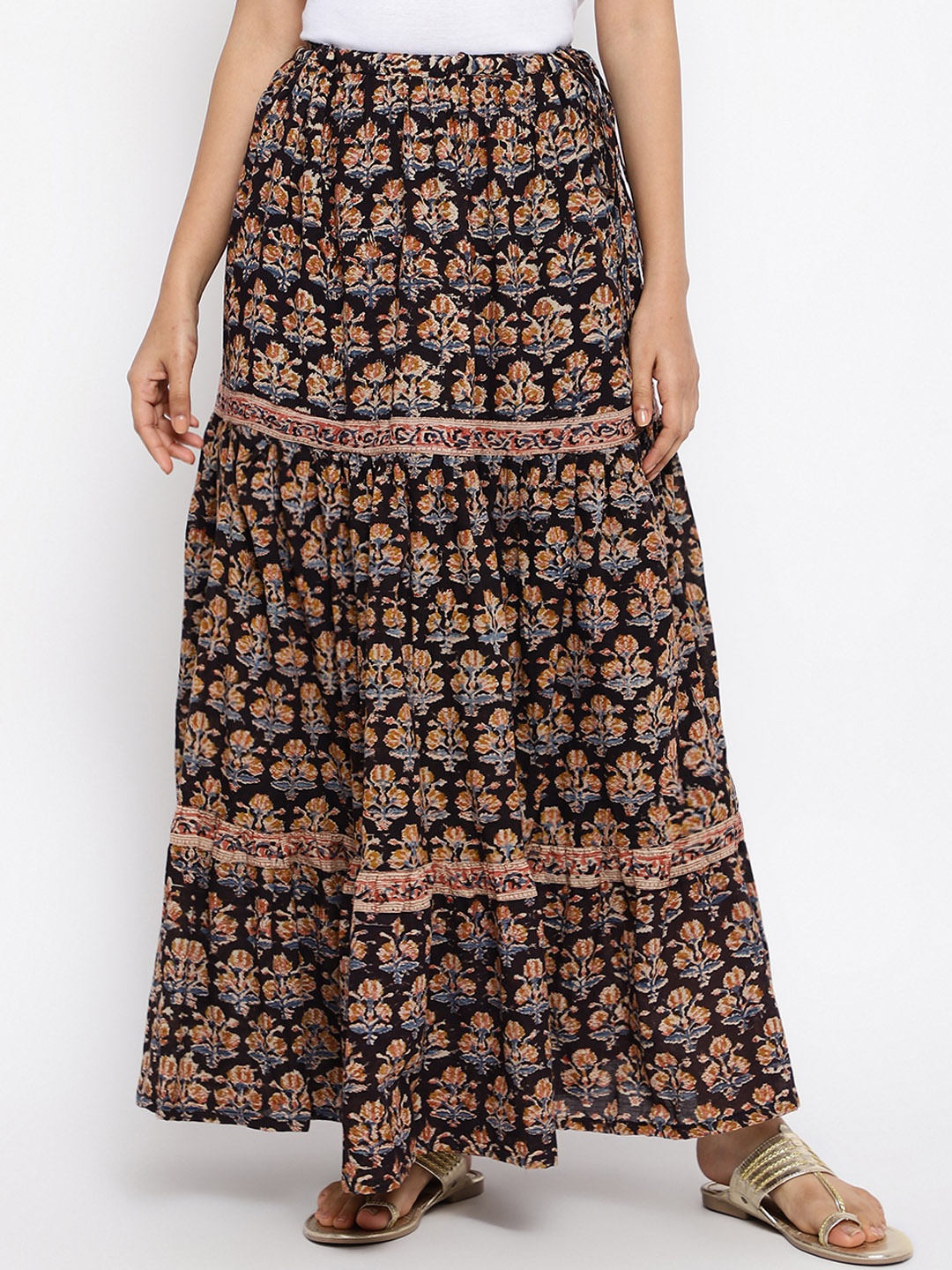 

Fabindia Kalamkari Printed Cotton Maxi Tiered Skirt, Black
