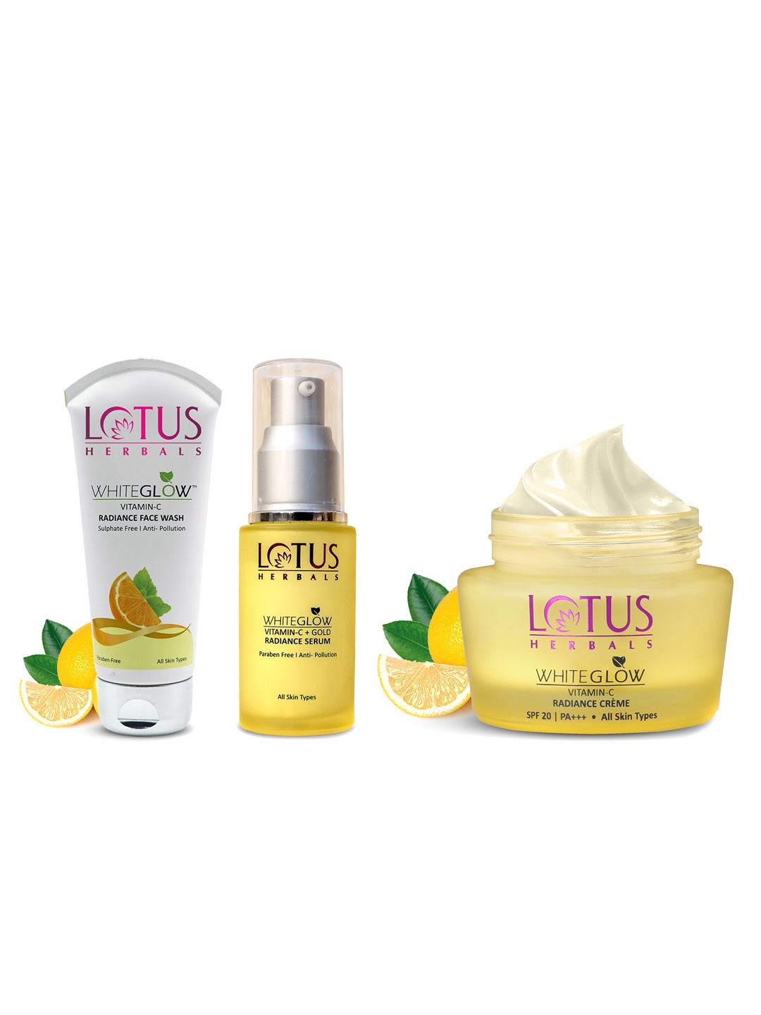 

Lotus Herbals Set of WhiteGlow Vitamin C Radiance Face Wash 100g + Creme 50g + Serum 30ml, Yellow