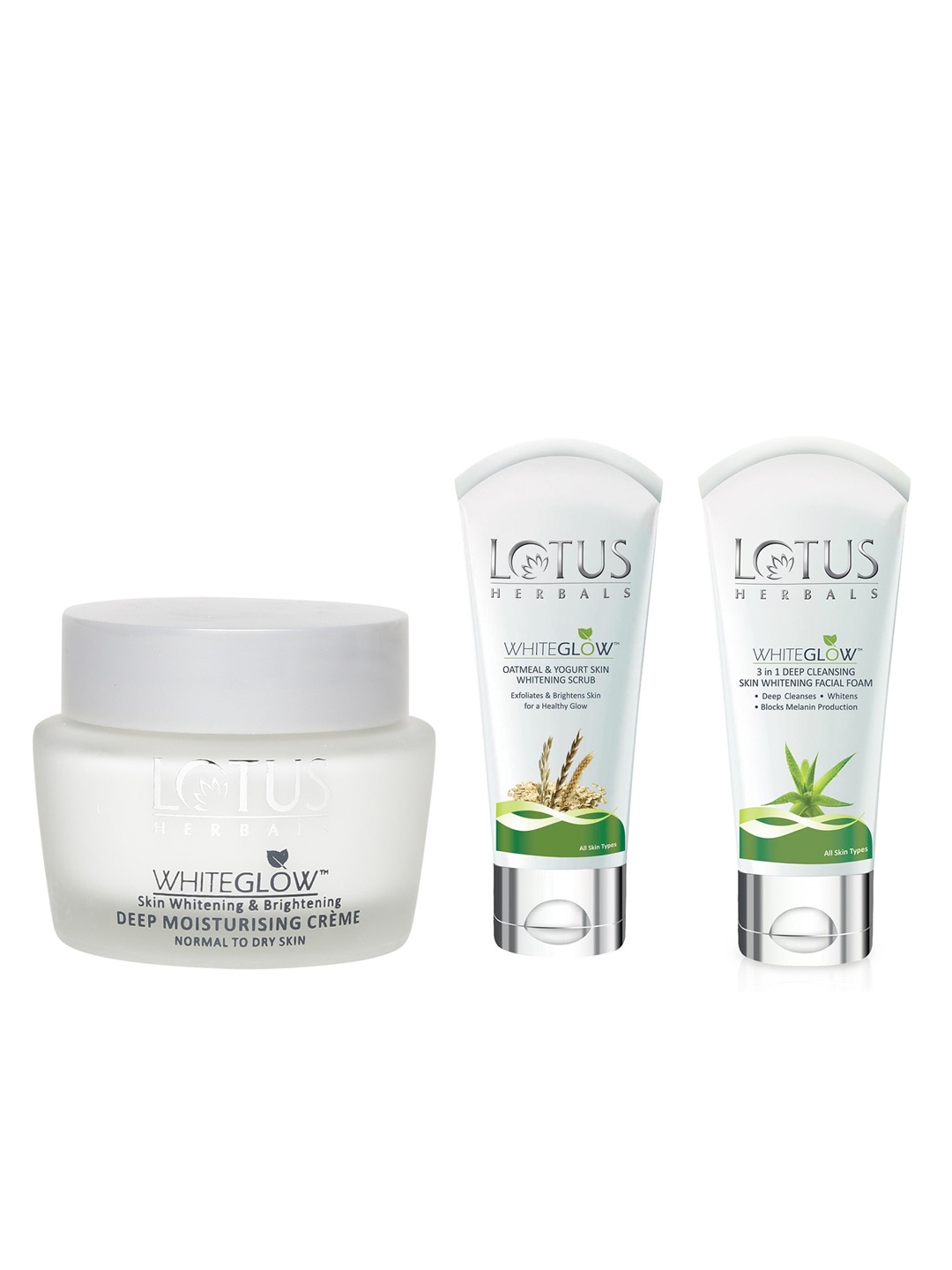 

Lotus Herbals Set of WhiteGlow Facial Foam 50 g + Moisturising Creme 60 g + Scrub 50 g, White