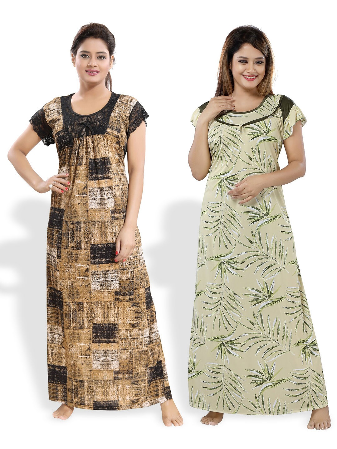 

SHOPPING STATION Pack Of 2 Floral Printed Satin Maxi Nightdress, Green